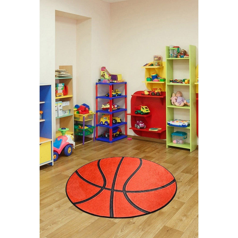 Covor Basketball, 140x140 cm, forma rotunda, poliester/catifea, portocaliu