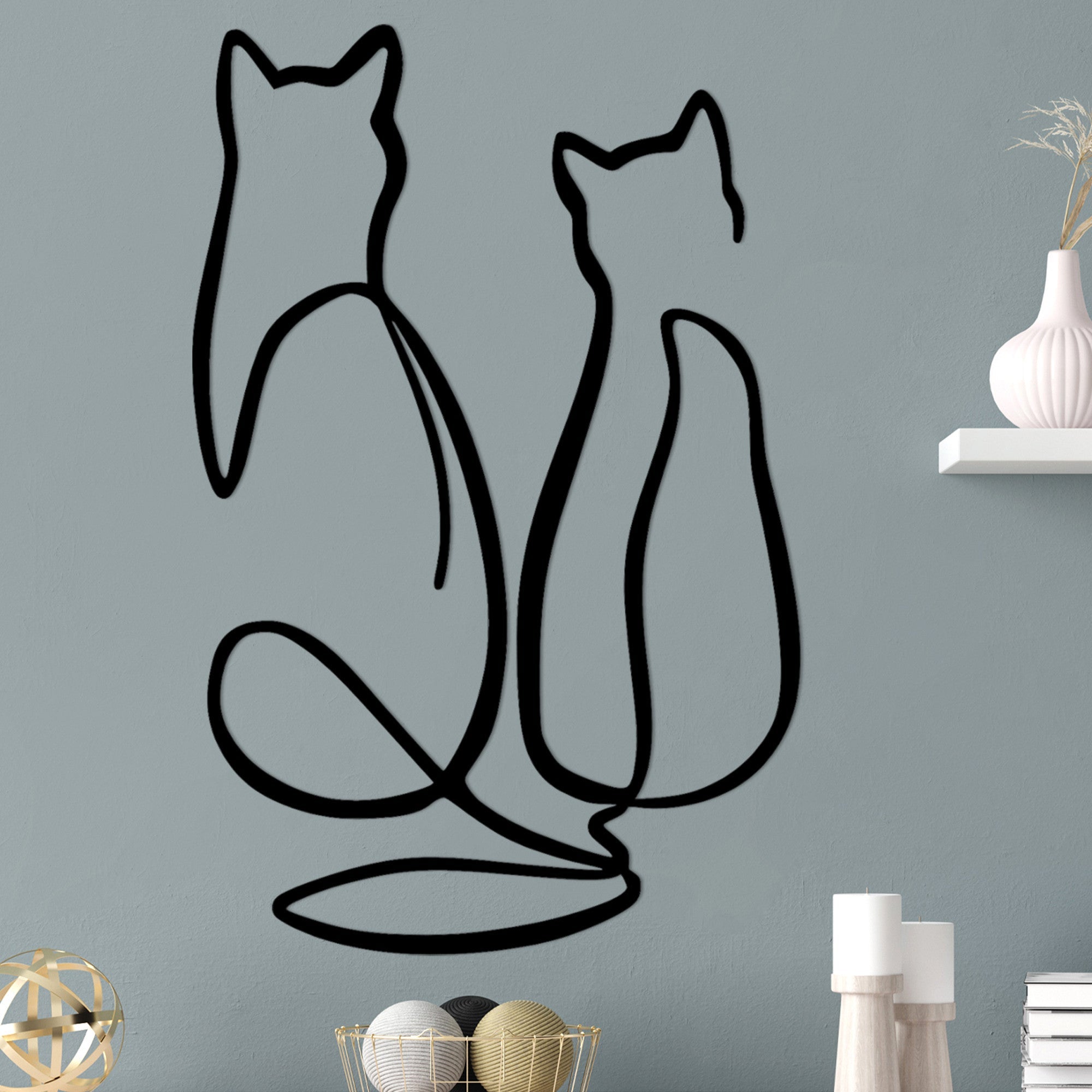 Accesoriu decorativ metalic de perete, Couple Cat Love, Negru