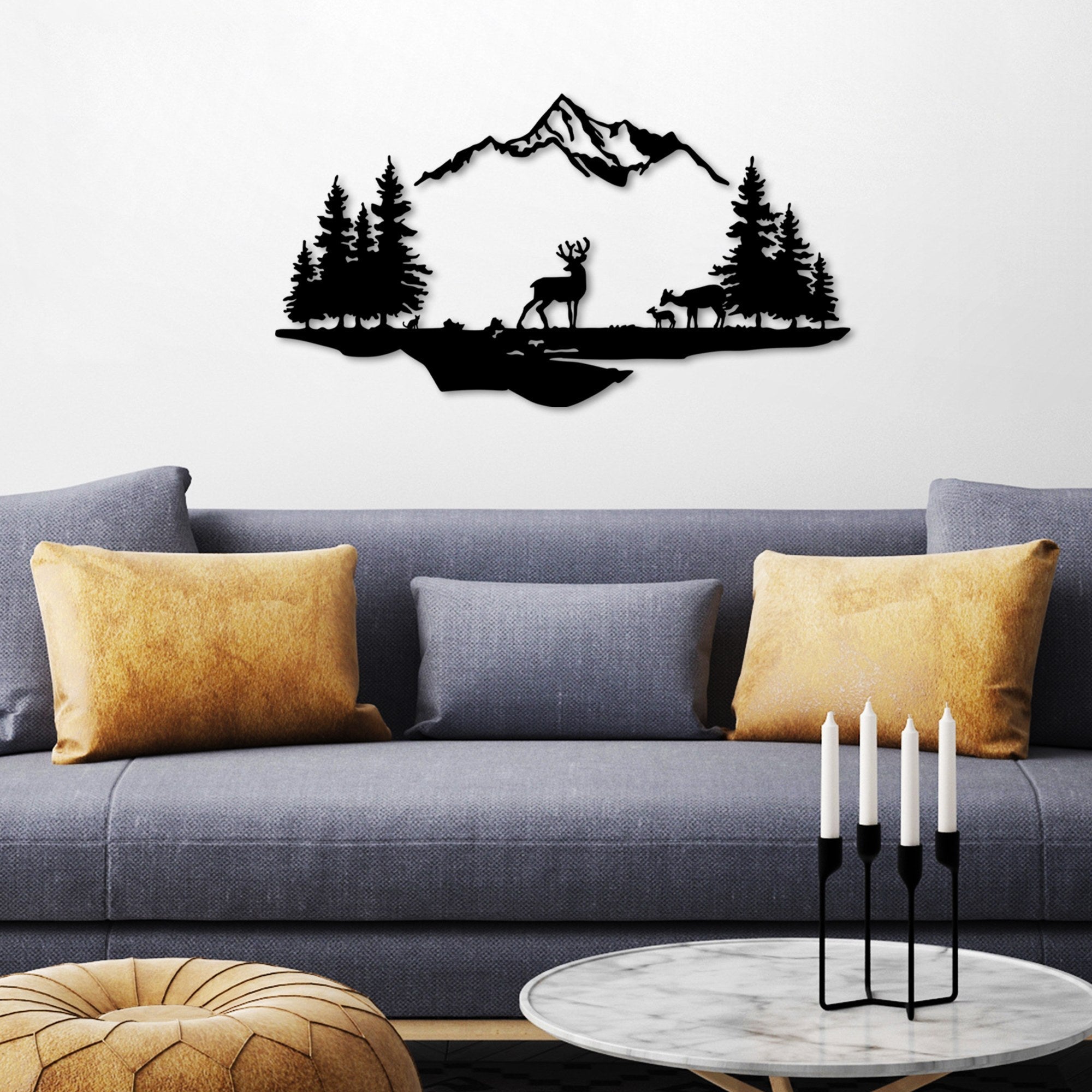 Accesoriu decorativ metalic de perete, Deer And Landscape - 1, Negru