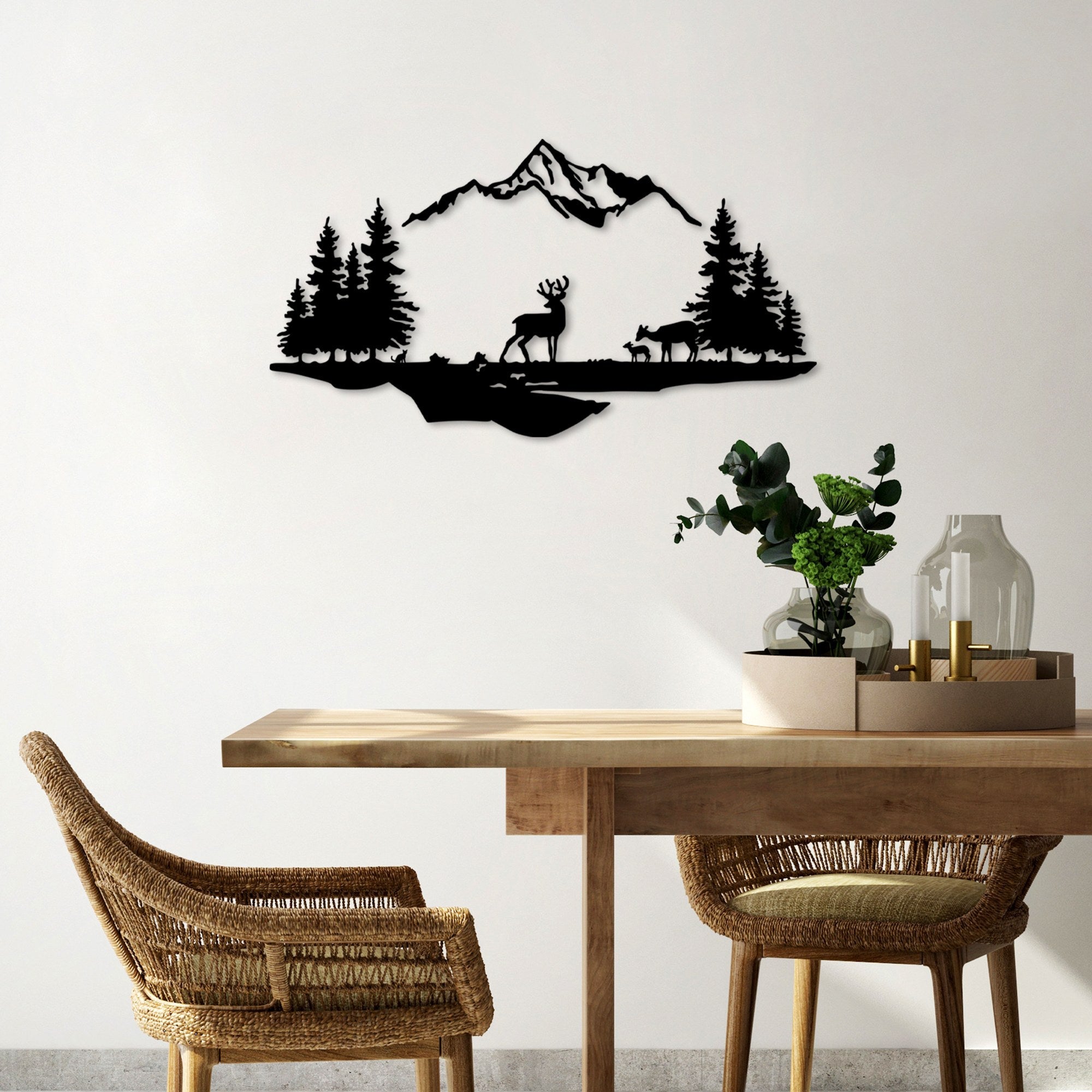Accesoriu decorativ metalic de perete, Deer And Landscape - 1, Negru