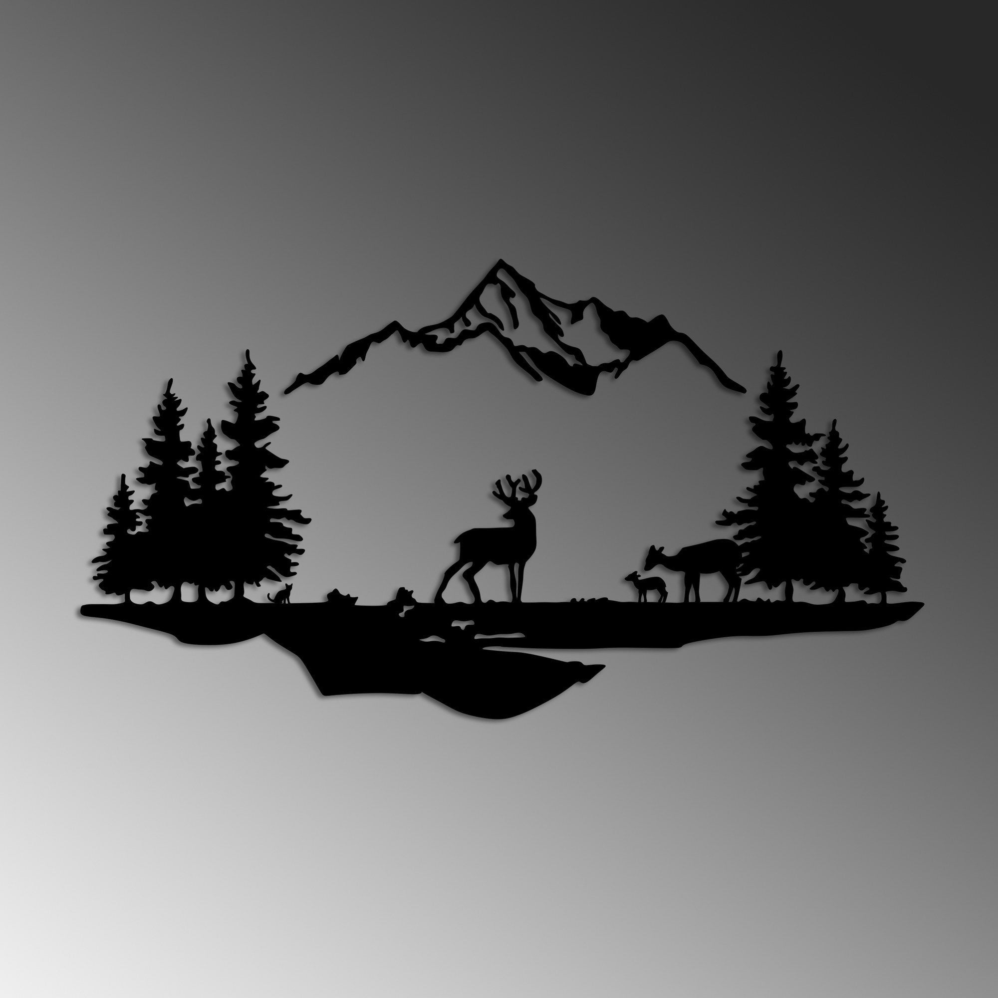 Accesoriu decorativ metalic de perete, Deer And Landscape - 1, Negru
