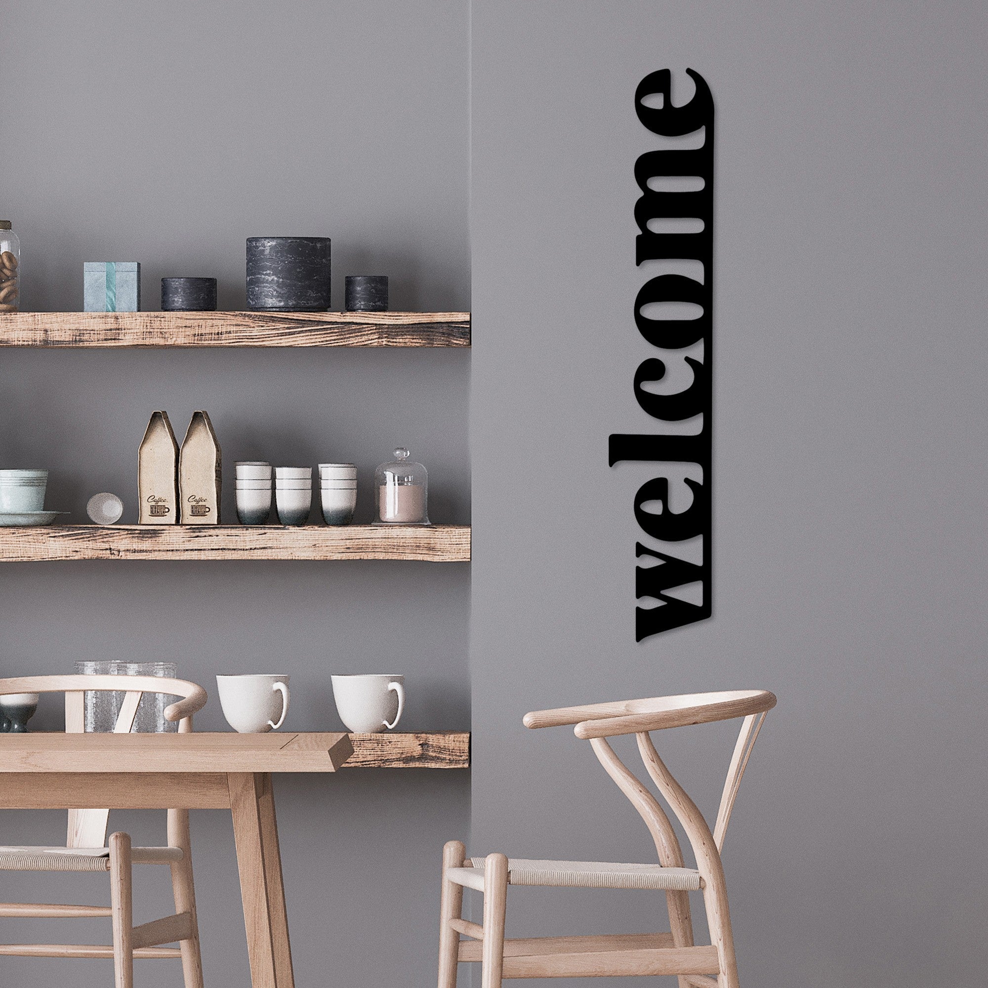 Accesoriu decorativ metalic de perete, Welcome-5, Negru