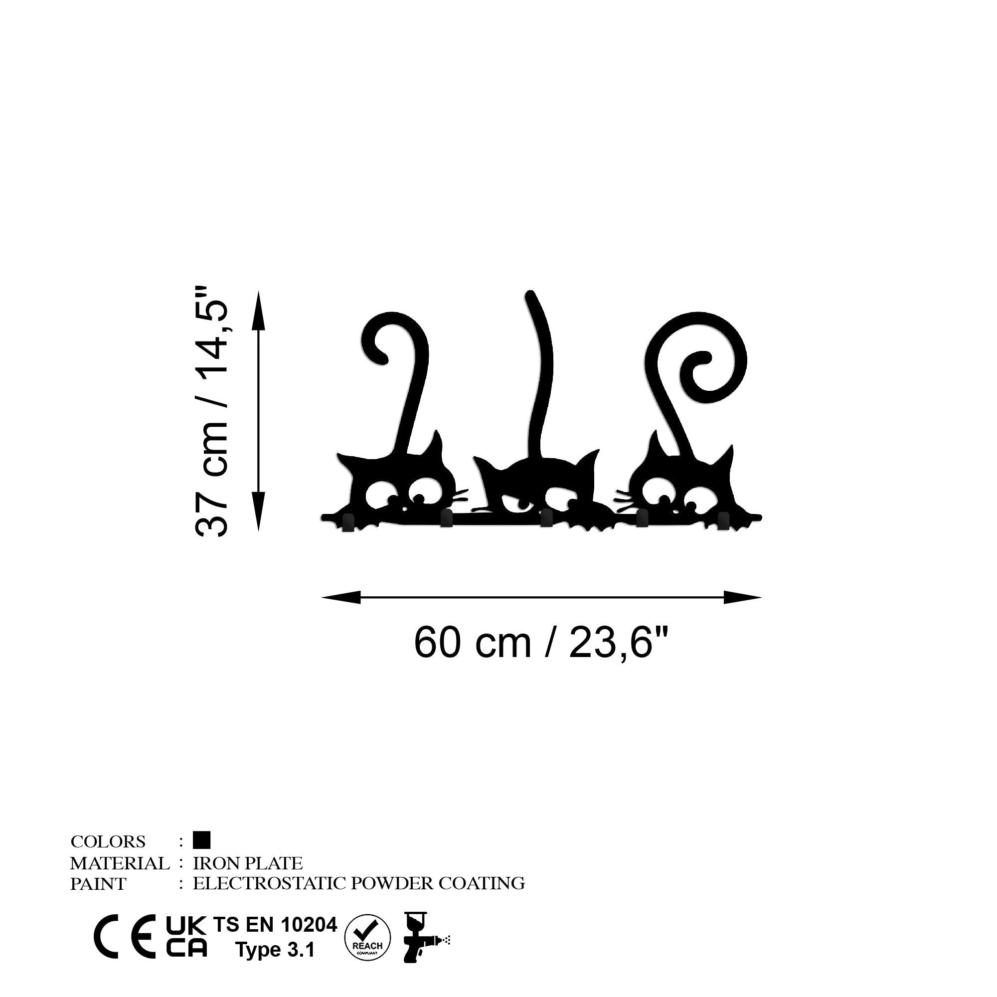 Cuier metalic de perete, Hidden Cats, Negru