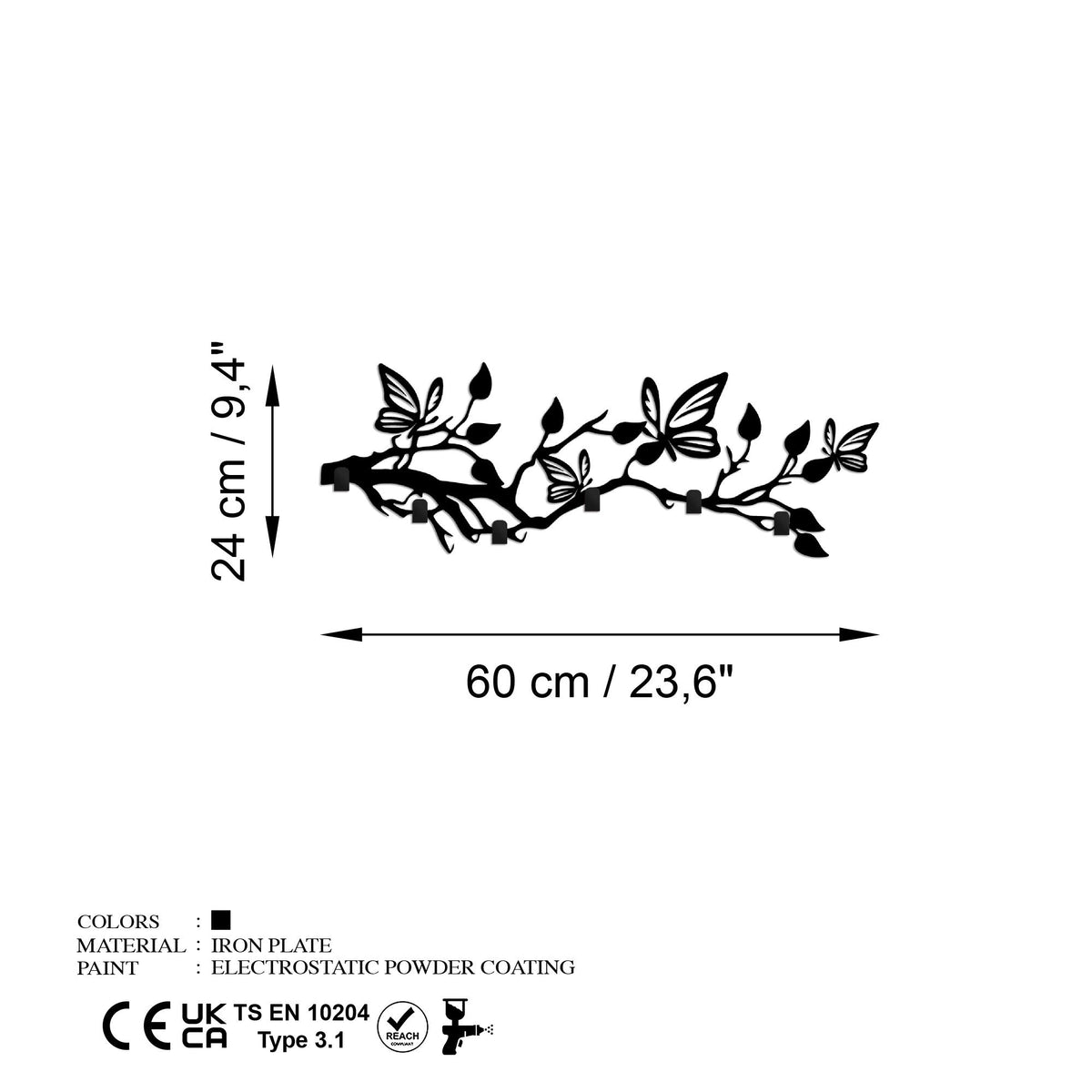Cuier metalic de perete, Butterfly World, Negru