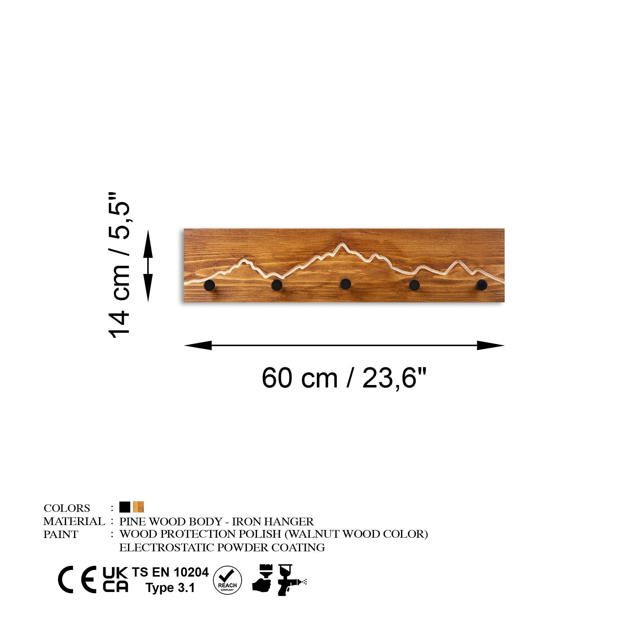 Cuier din lemn de perete, Mountain 2, Nuc / Natural