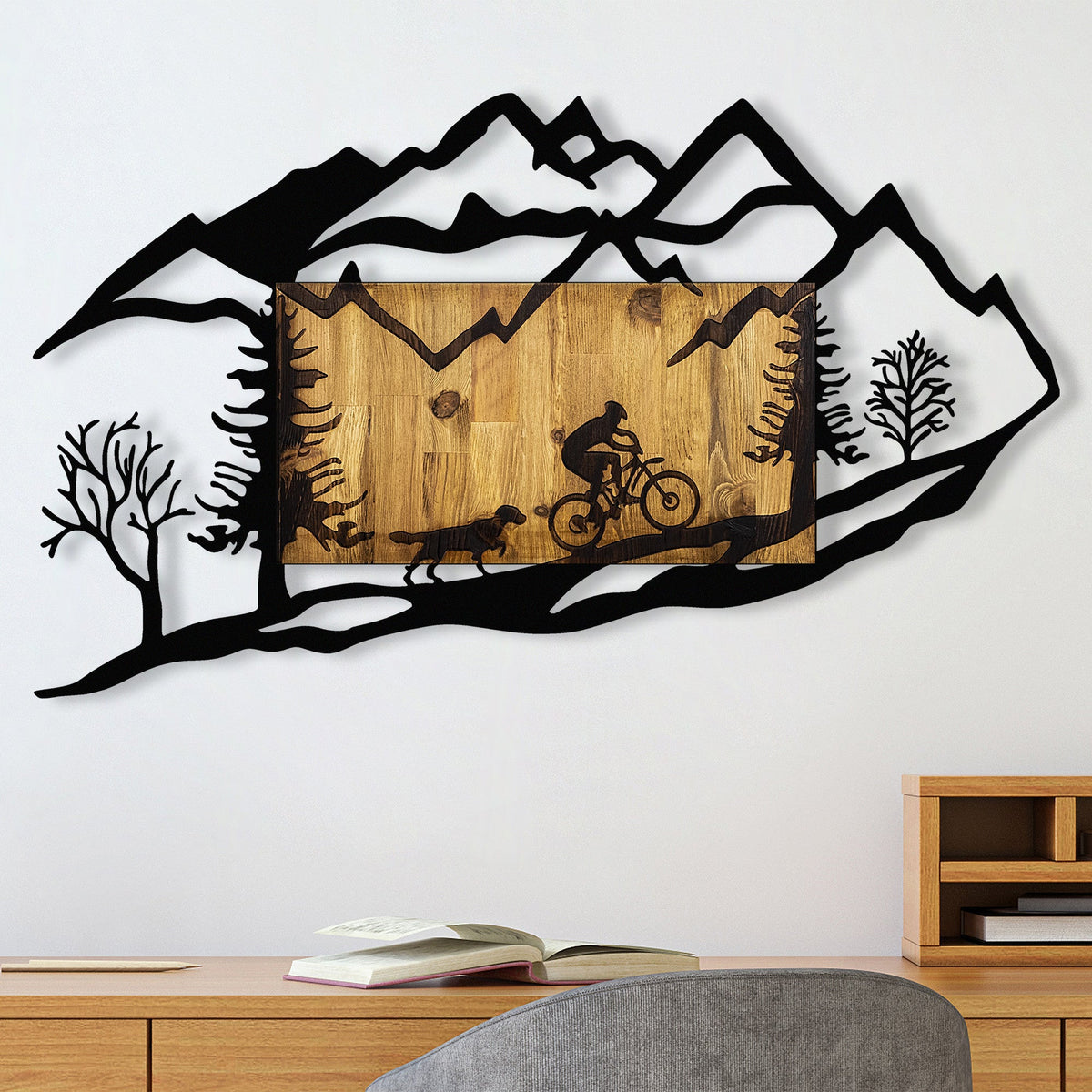 Accesoriu decorativ din lemn de perete, Bicycle Riding in Nature 1, Nuc / Negru