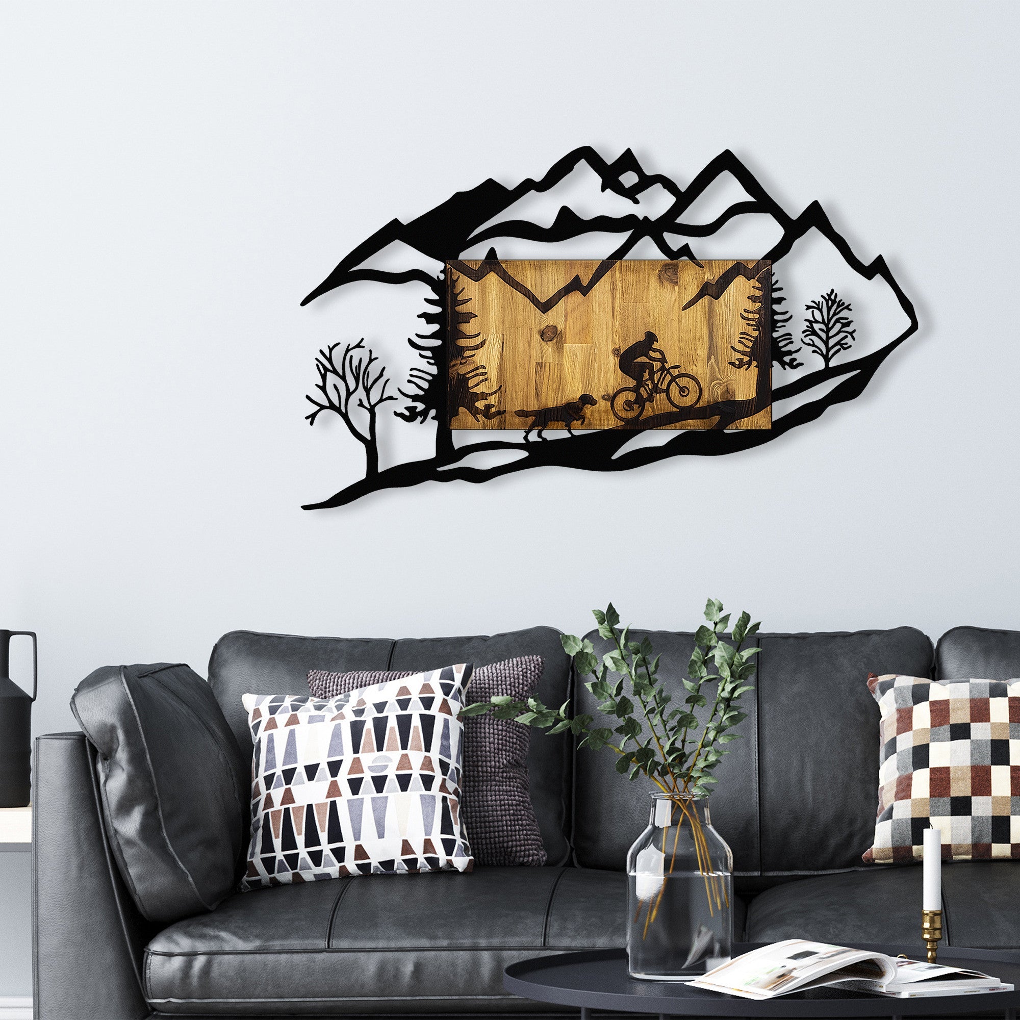 Accesoriu decorativ din lemn de perete, Bicycle Riding in Nature 1, Nuc / Negru