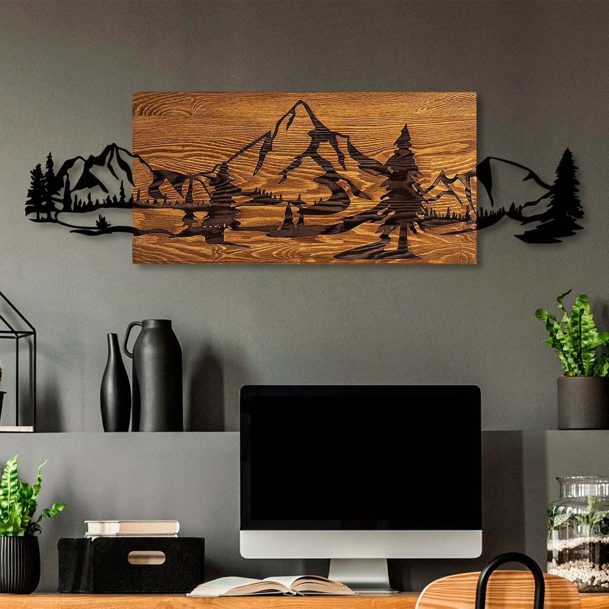 Accesoriu decorativ din lemn de perete, Mountain Range, Nuc / Negru