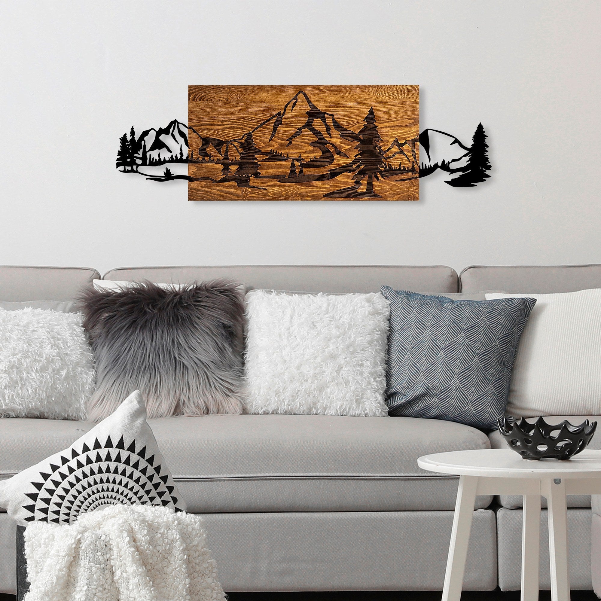 Accesoriu decorativ din lemn de perete, Mountain Range, Nuc / Negru