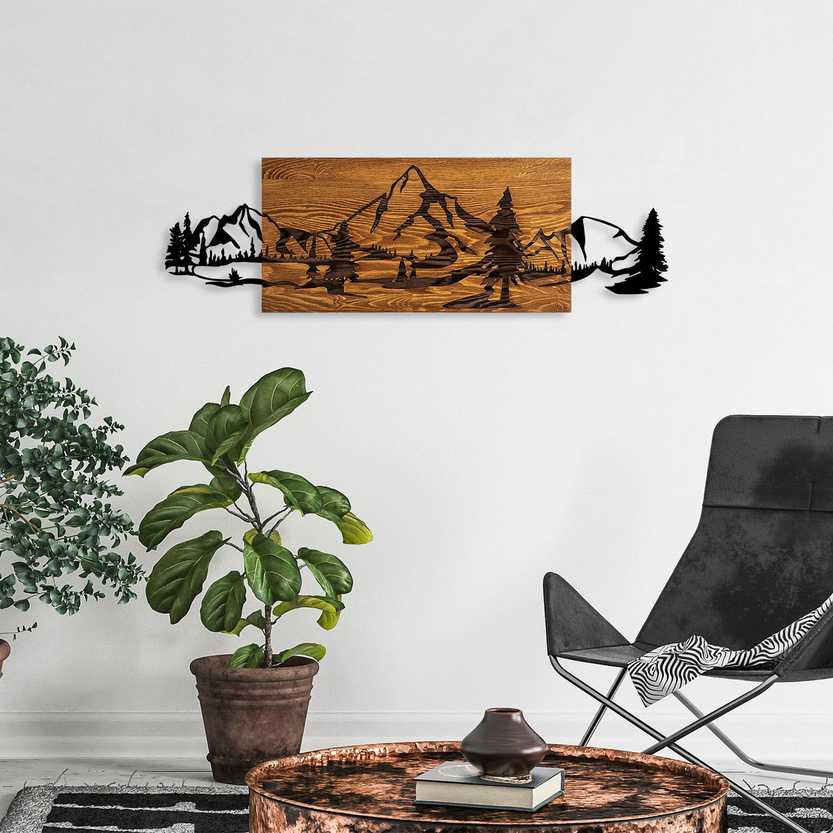 Accesoriu decorativ din lemn de perete, Mountain Range, Nuc / Negru