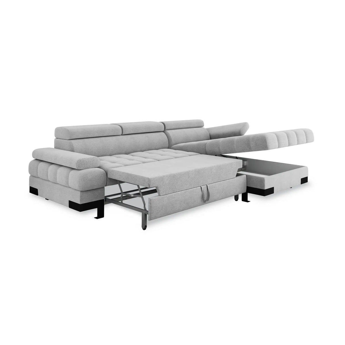 Coltar extensibil SELVA MINI, sezlong dreapta, stofa gri antracit - Salvador 15, Gama Premium, cu lada depozitare si tetiere reglabile, 270x173x95 cm