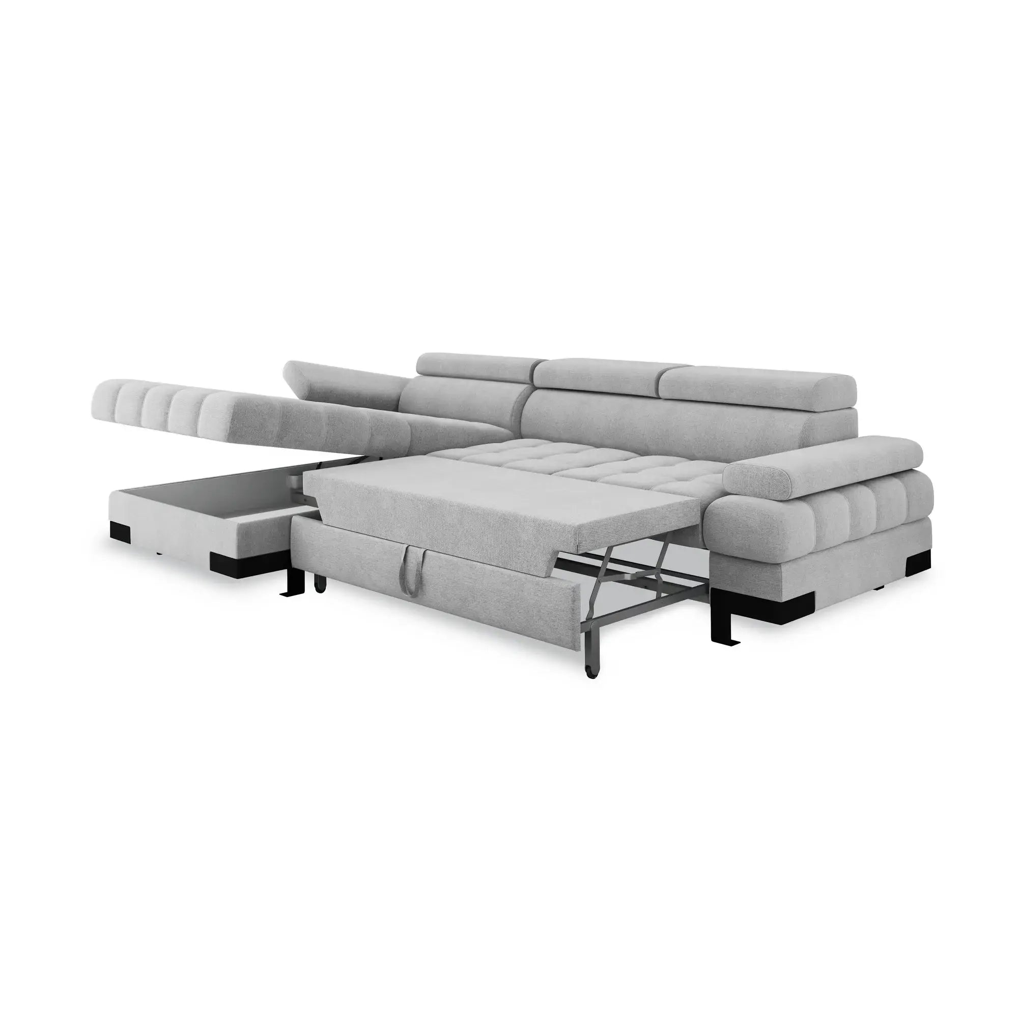 Coltar extensibil SELVA MINI, sezlong stanga, stofa gri - Rosario 456, Gama Premium, cu lada depozitare si tetiere reglabile, 270x173x95 cm