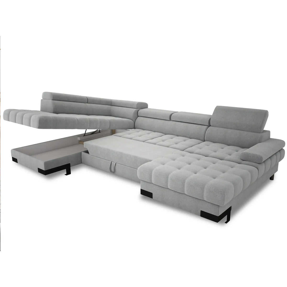 Coltar extensibil SELVA XL, personalizabil materiale gama Oferta Avantaj, cu lada depozitare si tetiere reglabile, 339x223x95 cm