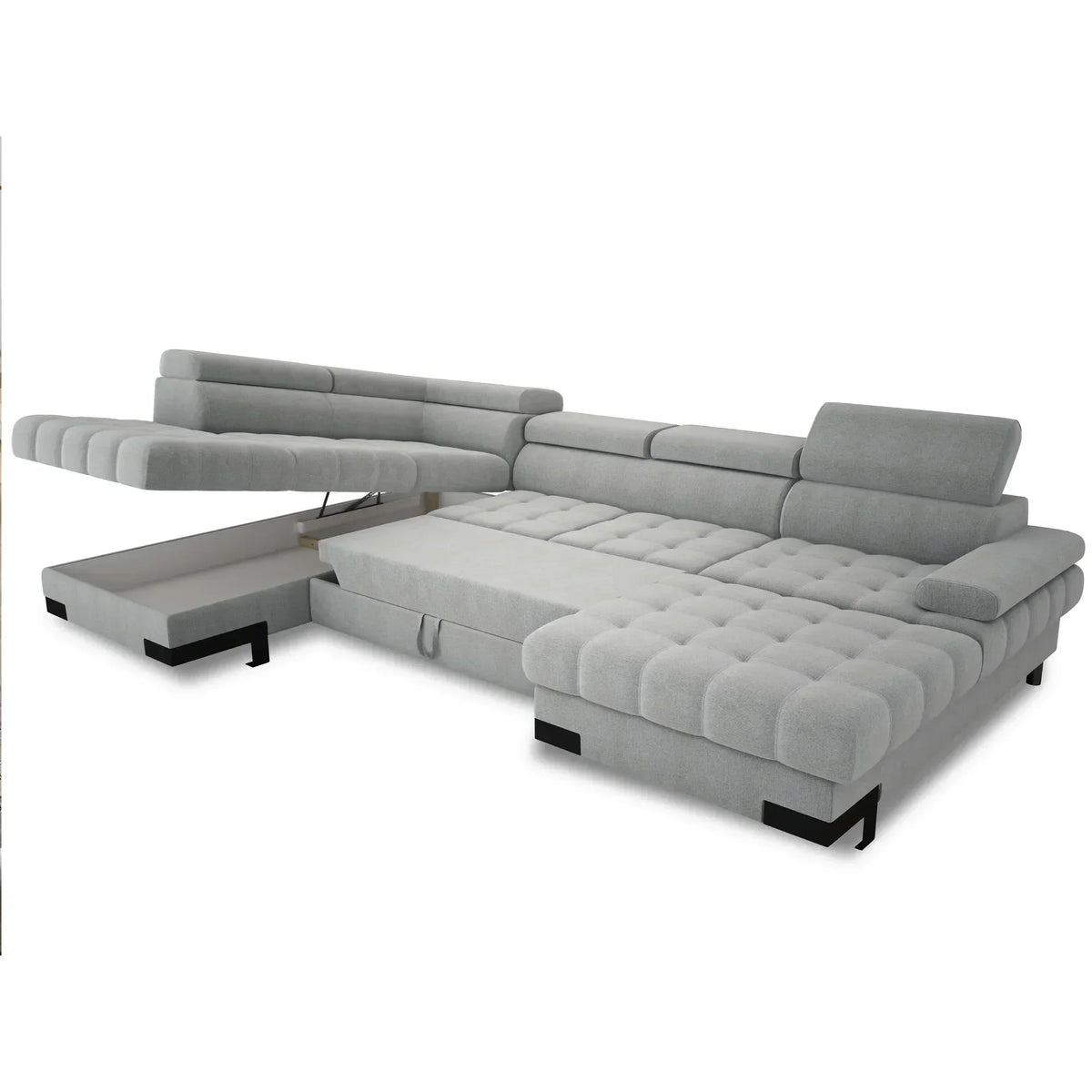Coltar extensibil cu lada SELVA XL, sezlong stanga, stofa catifelata bej - Riviera 16, Gama Premium, tetiere reglabile, 339x223x95 cm