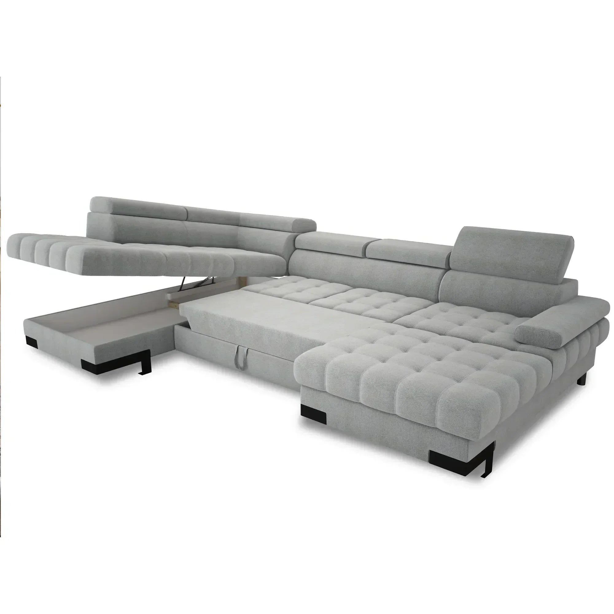 Coltar extensibil cu lada SELVA XL, sezlong stanga, stofa catifelata bej - Riviera 16, Gama Premium, tetiere reglabile, 339x223x95 cm