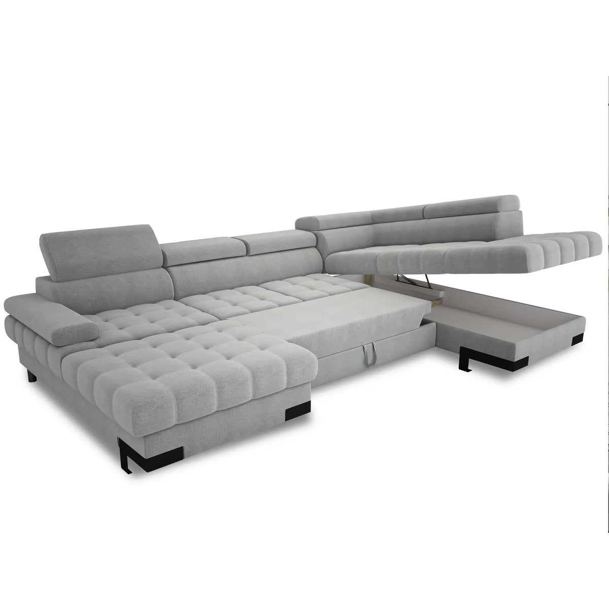 Coltar extensibil SELVA XL, sezlong dreapta, stofa catifelata gri - Crown 18, Gama Premium, cu lada depozitare si tetiere reglabile, 339x223x95 cm