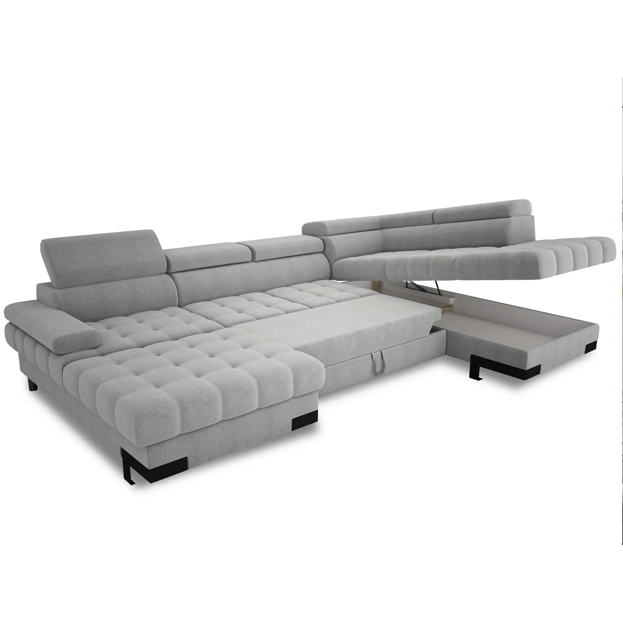 Coltar extensibil SELVA XL, sezlong dreapta, stofa catifelata gri - Crown 18, Gama Premium, cu lada depozitare si tetiere reglabile, 339x223x95 cm