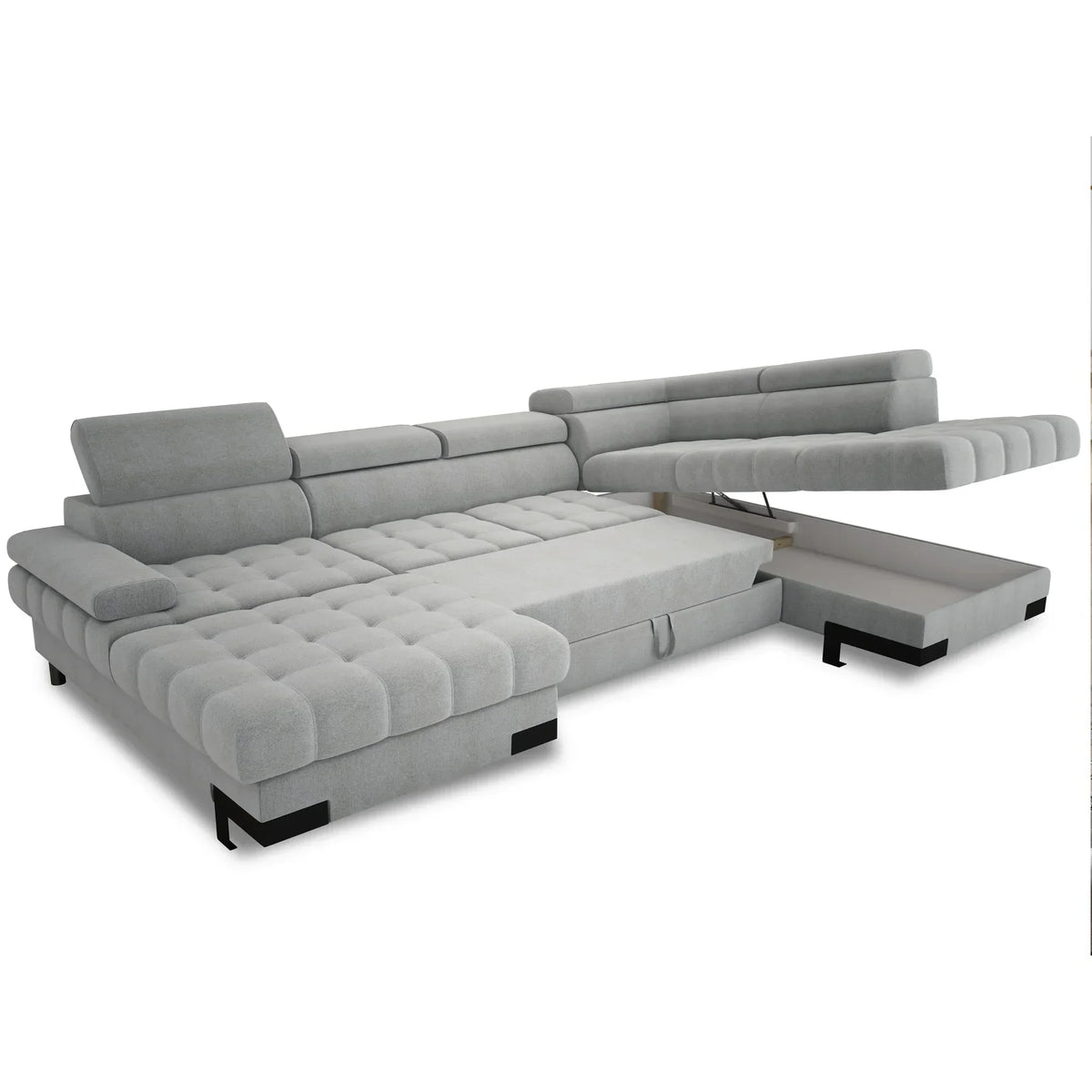 Coltar extensibil cu lada SELVA XL, sezlong dreapta, stofa catifelata verde - Riviera 38, Gama Premium, cu tetiere reglabile, 339x223x95 cm