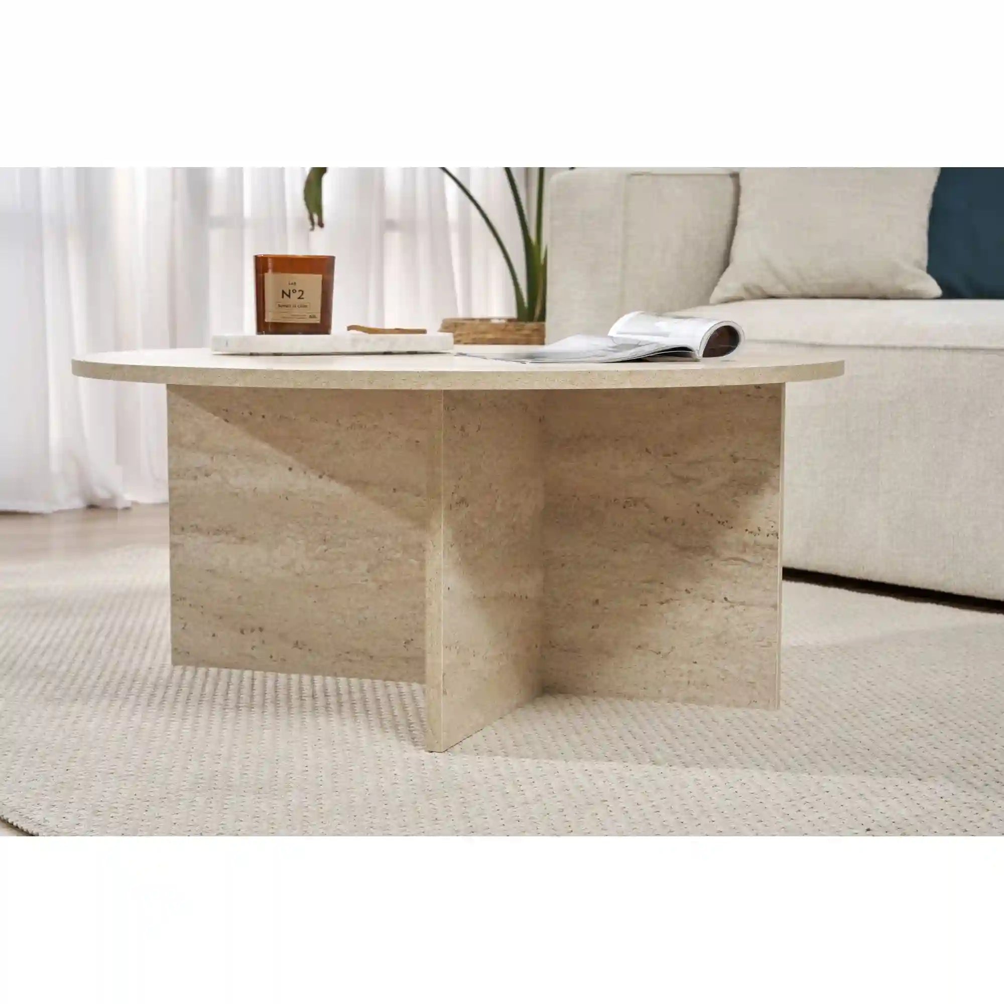 Masuta cafea SOLEIL, bej cu efect de piatra travertin, PAL melaminat, 90x90x40 cm