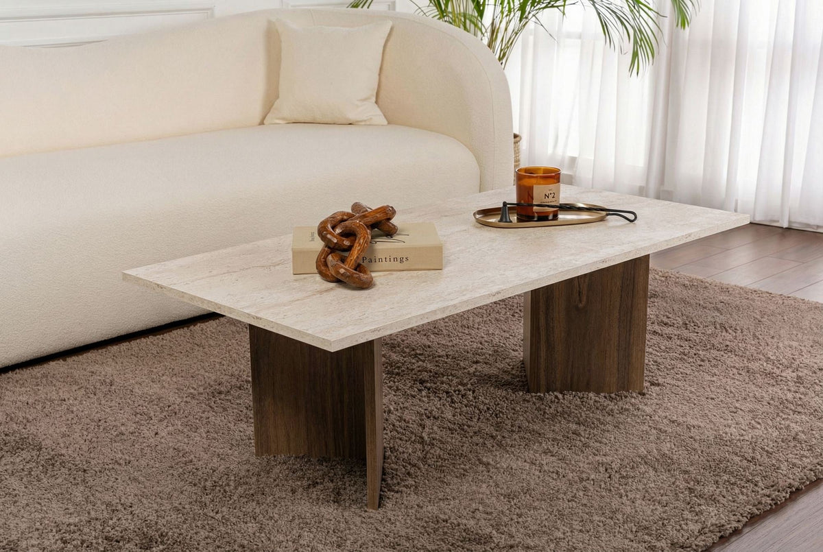 Măsuță de cafea, Sabin - Travertine, Venezia Walnut, Travertin / Nuc Veneția