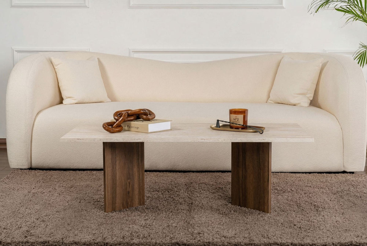 Măsuță de cafea, Sabin - Travertine, Venezia Walnut, Travertin / Nuc Veneția