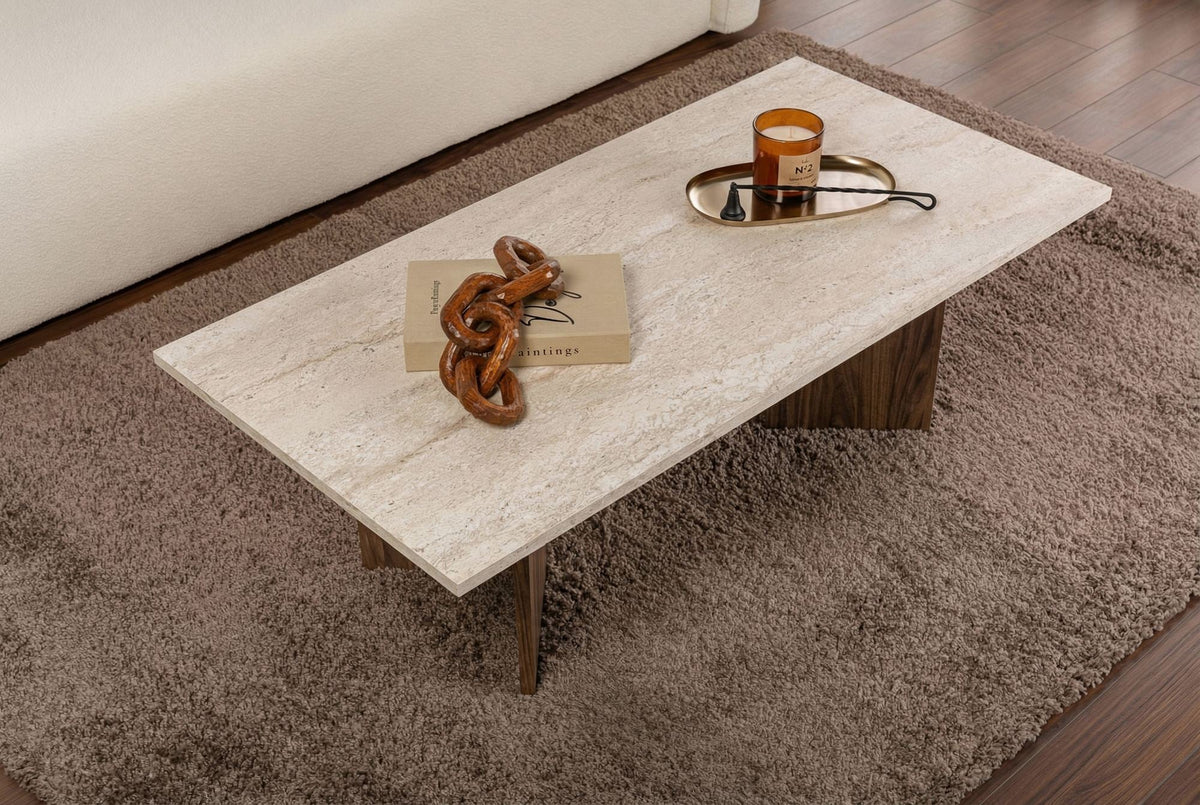 Măsuță de cafea, Sabin - Travertine, Venezia Walnut, Travertin / Nuc Veneția