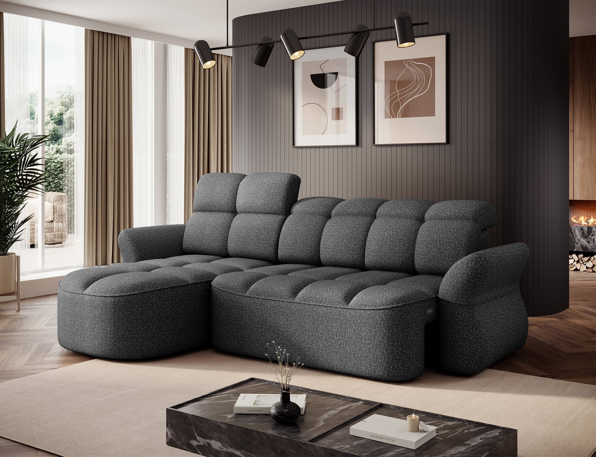 Coltar BENETH, sezlong stanga, stofa clasica gri - Breona 04, cu reglaj electric, tetiere reglabile si lada depozitare, 301x185x115 cm