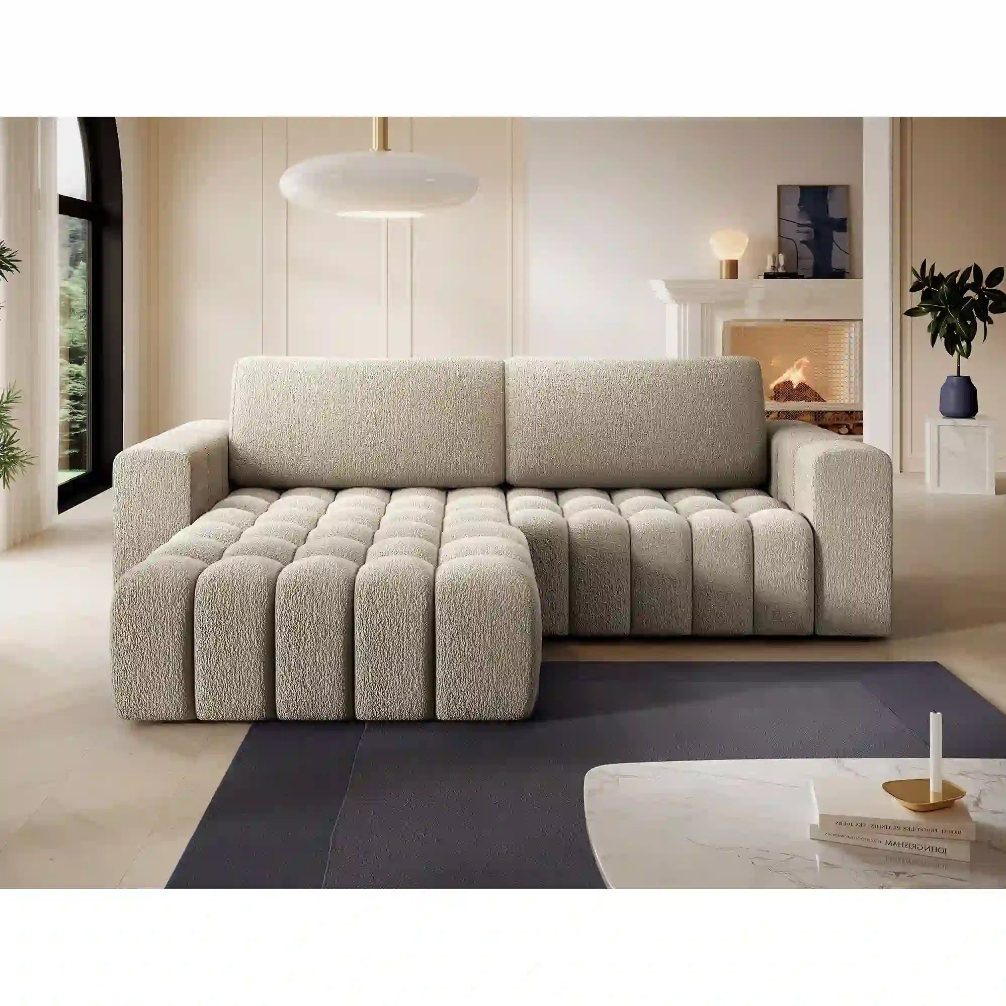 Coltar extensibil BONETT, sezlong stanga, stofa bej - Royal 20, cu lada de depozitare, 250x175x92 cm