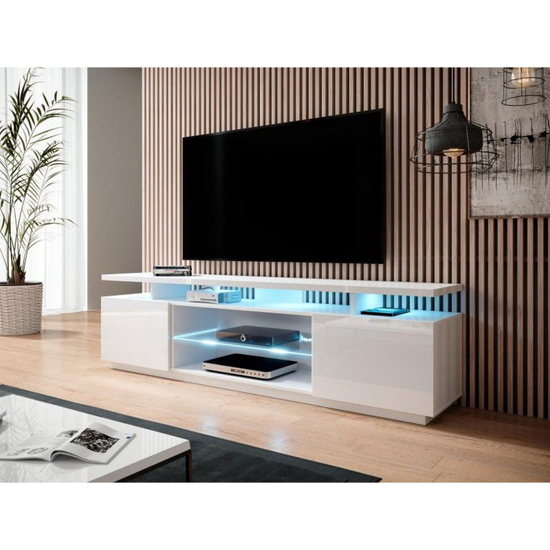 Comoda TV EVA, alb, PAL laminat, cu 2 usi, cu iluminare led, 180x40x56 cm
