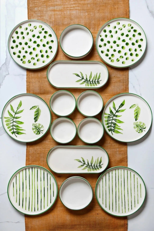 Set mic dejun Botanic, 14 piese, alb/verde, ceramica