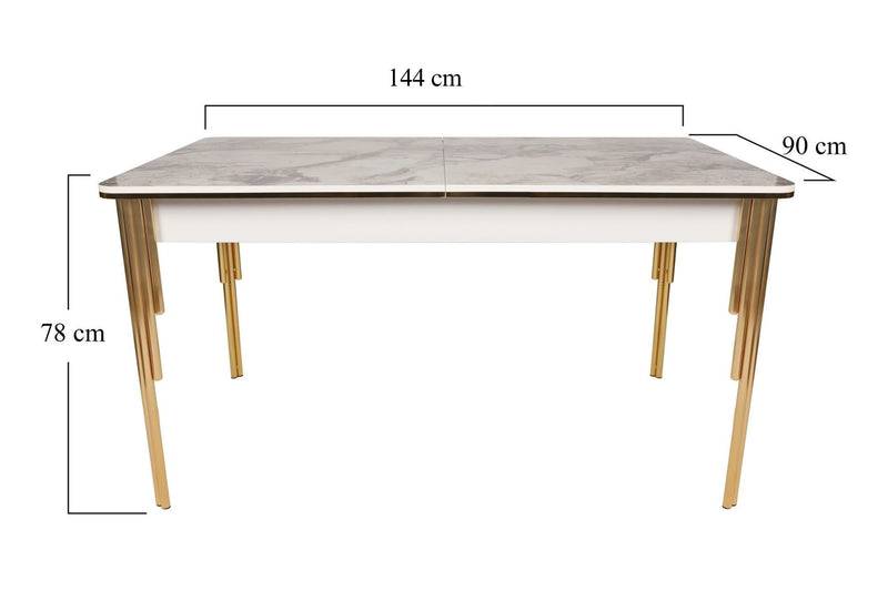 Masa extensibila DAMLA 1102, alb cu efect de marmura/auriu, PAL melaminat/metal, 144/178x90x78 cm