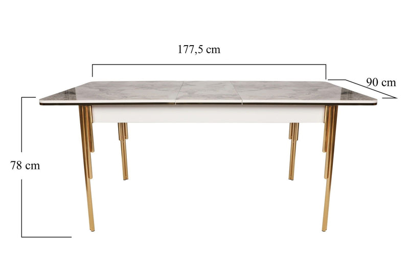 Masa extensibila DAMLA 1102, alb cu efect de marmura/auriu, PAL melaminat/metal, 144/178x90x78 cm