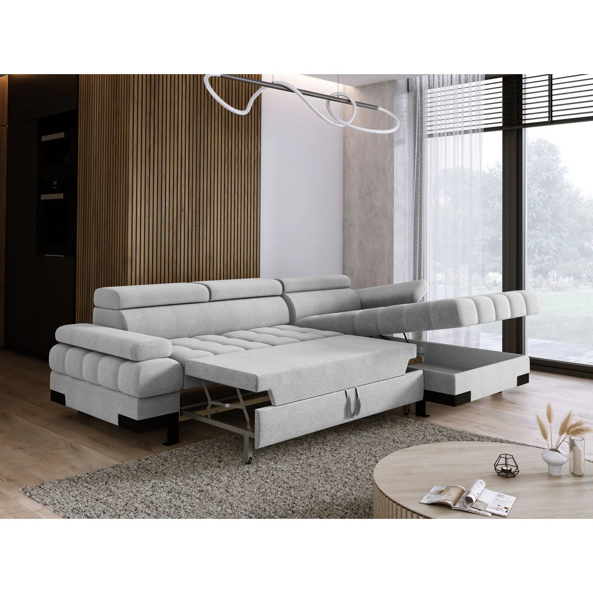 Coltar extensibil SELVA MINI, sezlong dreapta, stofa catifelata turcoaz inchis - Riviera 87, Gama Premium, cu lada depozitare si tetiere reglabile, 270x173x95 cm