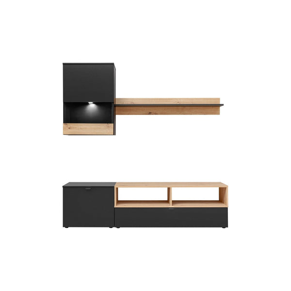 Mobilier living MINI, negru/stejar, PAL laminat, cu iluminare LED, 3 piese