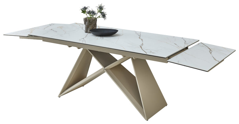 Masa extensibila JAMIRO, alb cu efect de marmura/bej, ceramica/metal, 180-260x90x76 cm