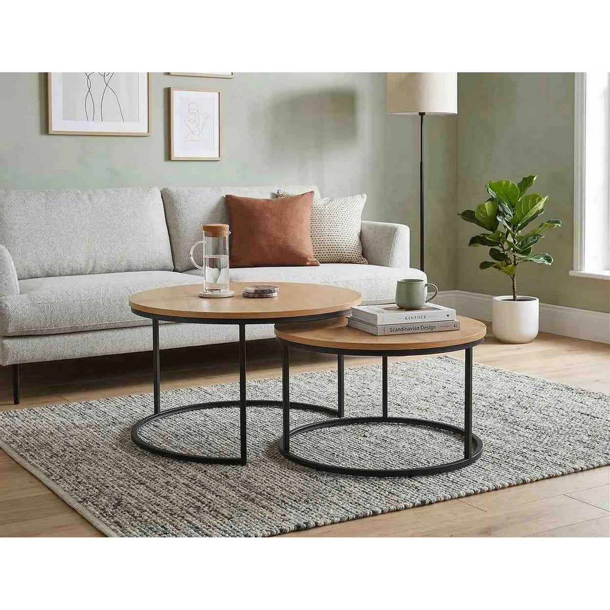 Set 2 masute cafea ATLANTA II, stejar/negru mat, PAL laminat/metal