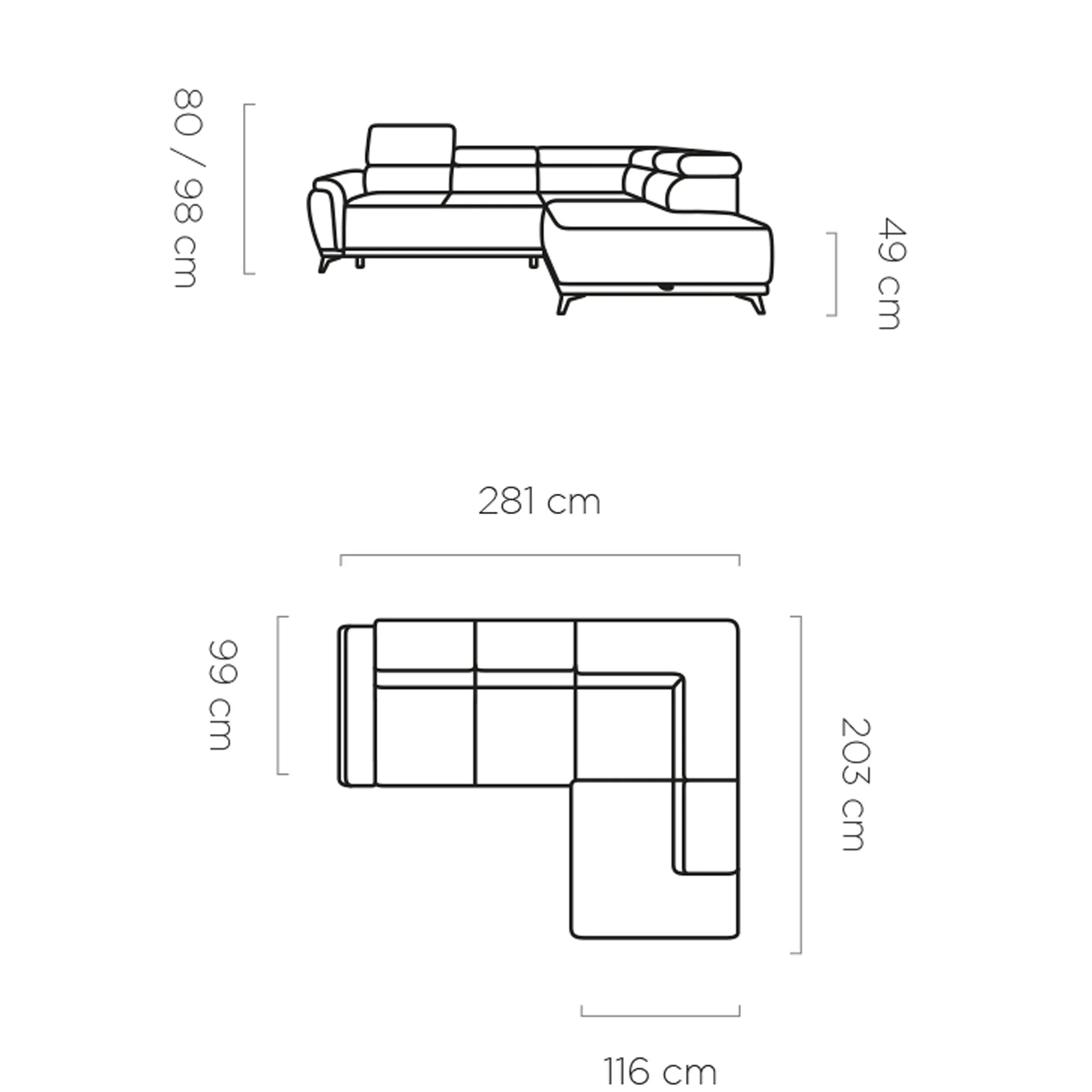 Coltar extensibil ATLANTA, sezlong dreapta, stofa catifelata gri - Riviera 91, Gama Premium, cu lada depozitare si tetiere reglabile, 281x203x98 cm
