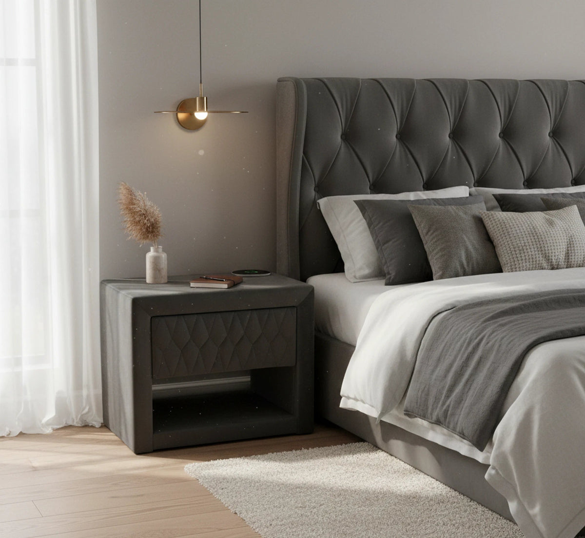 Noptiera AZURRO gri, stofa catifelata, 50x35x40 cm