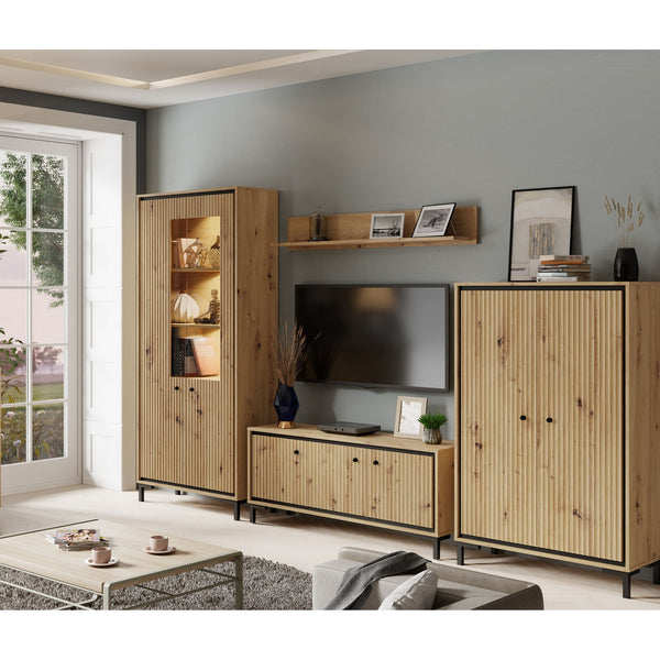 Mobilier living PARII A, stejar artisan/negru, PAL/sticla, cu iluminare LED, 4 piese, 308x37x196 cm