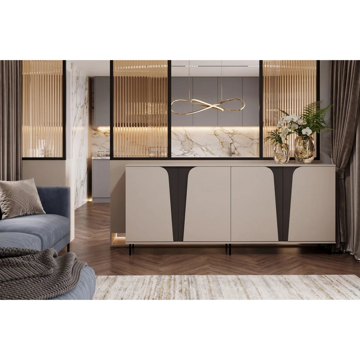Comoda living ASTORIX, casmir/gri grafit, PAL laminat, 200x40x93 cm
