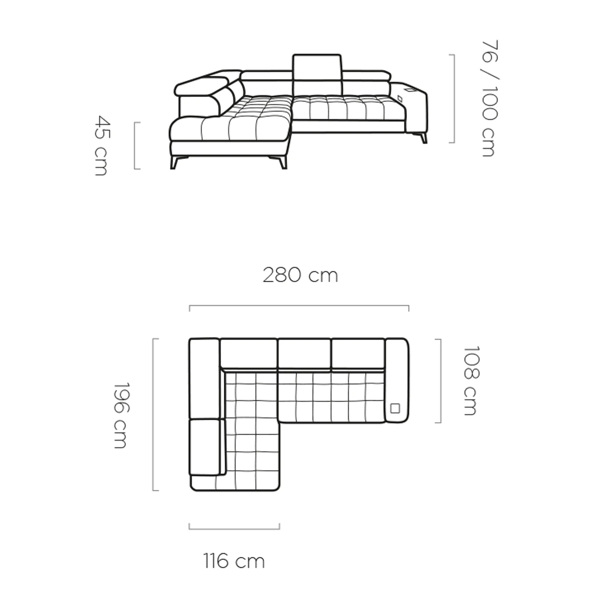 Coltar BAGGIO, sezlong stanga, stofa catifelata gri - Monolith 85, cu reglaj electric, incarcator wireless, lada depozitare si tetiere reglabile, 280x196x100 cm