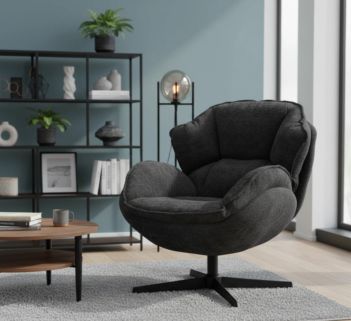 Fotoliu pufos rotativ BETTY, negru, stofa clasica/metal, 73x87x83 cm