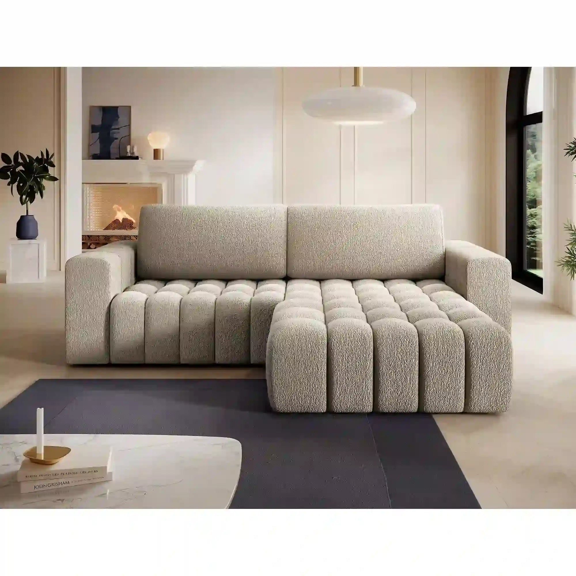 Coltar extensibil BONETT, sezlong dreapta, stofa bej - Royal 20, cu lada de depozitare, 250x175x92 cm