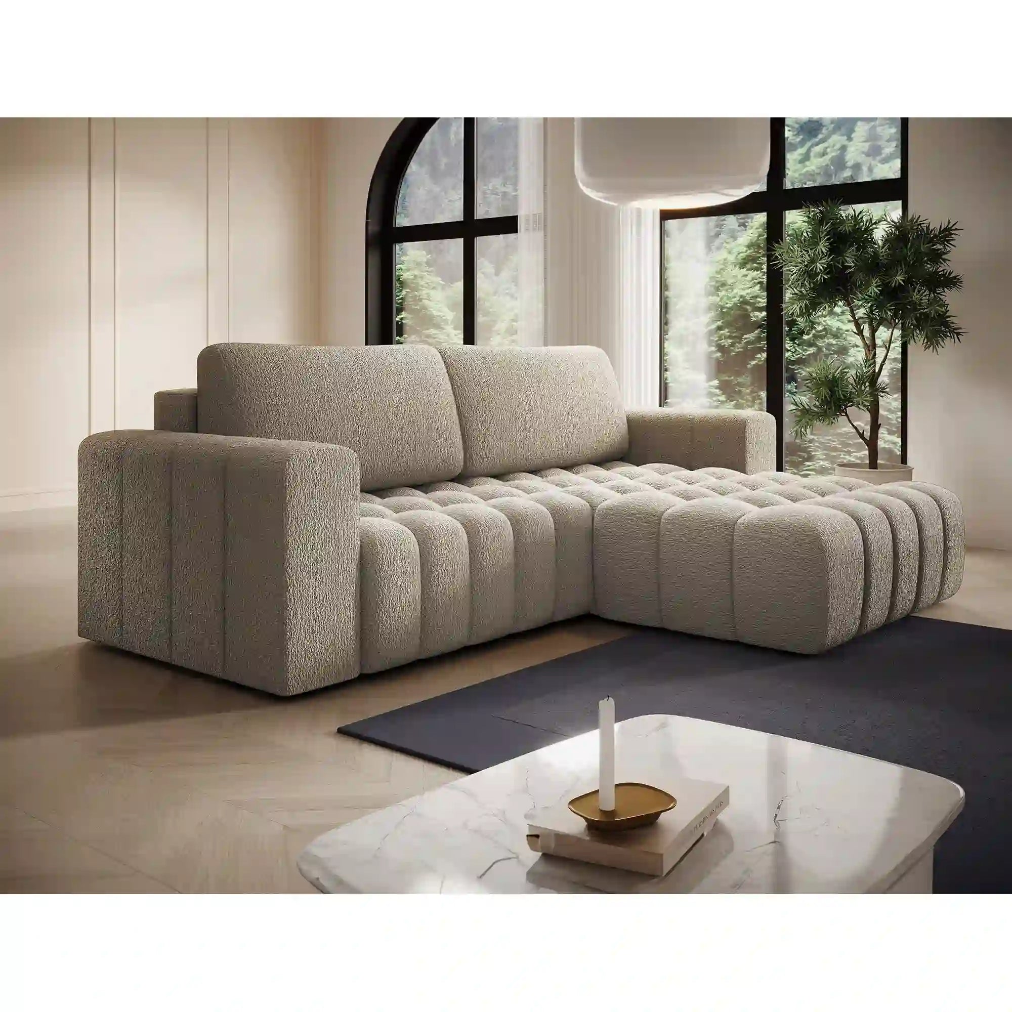 Coltar extensibil BONETT, sezlong dreapta, stofa bej - Royal 20, cu lada de depozitare, 250x175x92 cm