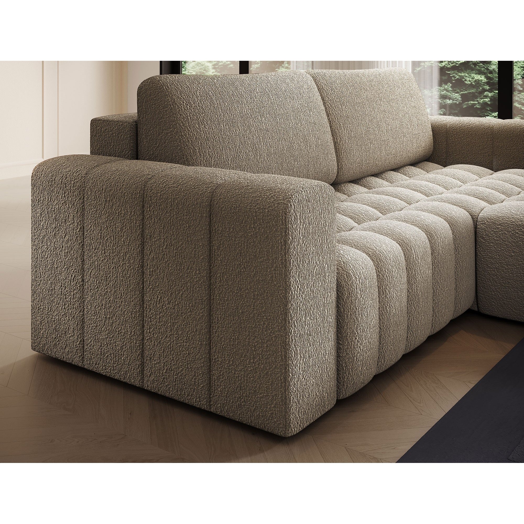 Coltar extensibil BONETT, sezlong dreapta, stofa bej - Royal 20, cu lada de depozitare, 250x175x92 cm
