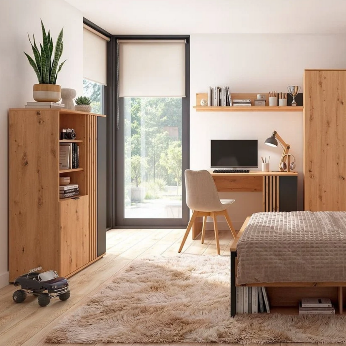 Bibliotecă VABRES, stejar artisan/negru, PAL, 90x40x137 cm