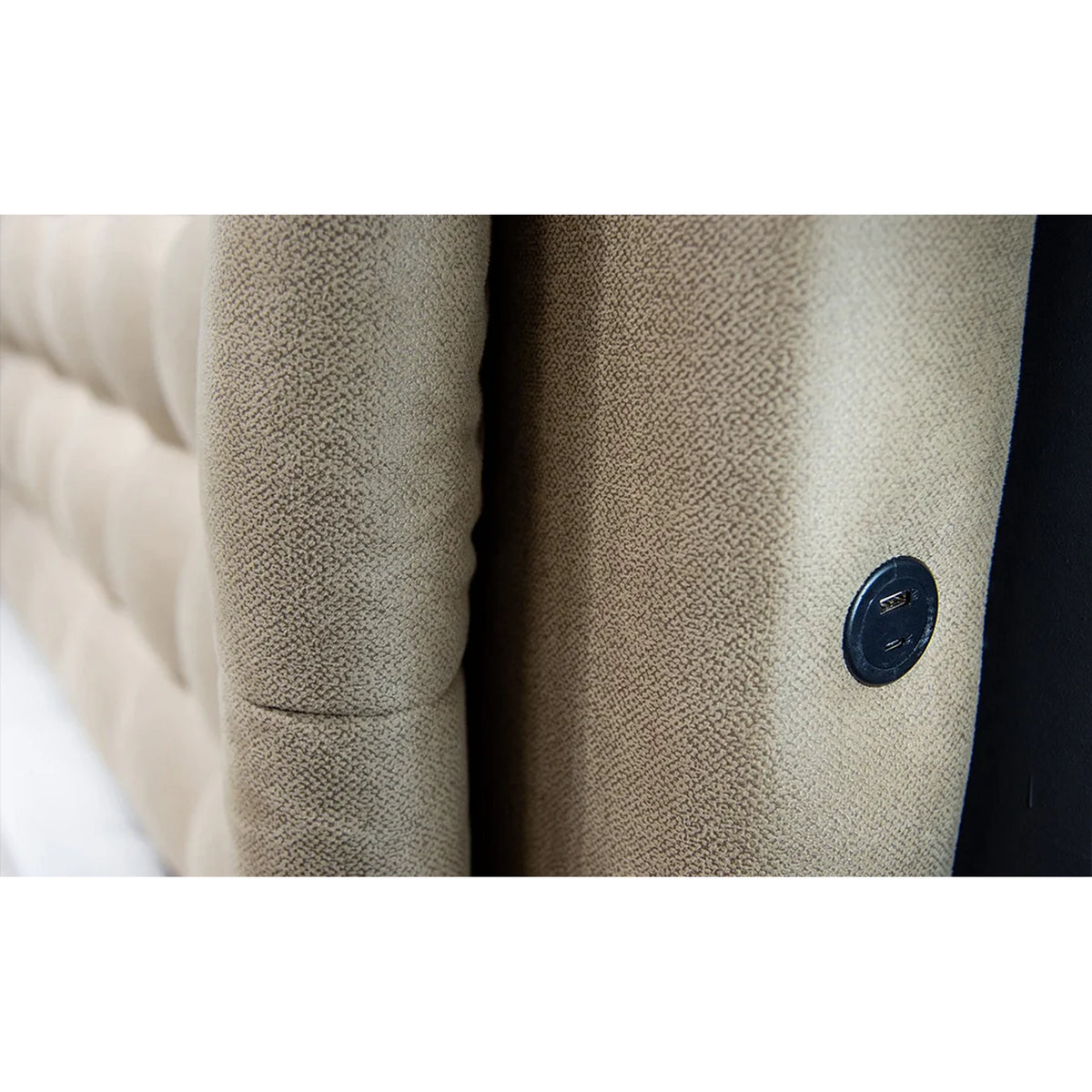 Pat cu spatar tapitat BIO LIFE 160x200, bej, stofa/PAL/metal, cu somiera, lada pentru depozitare si port USB