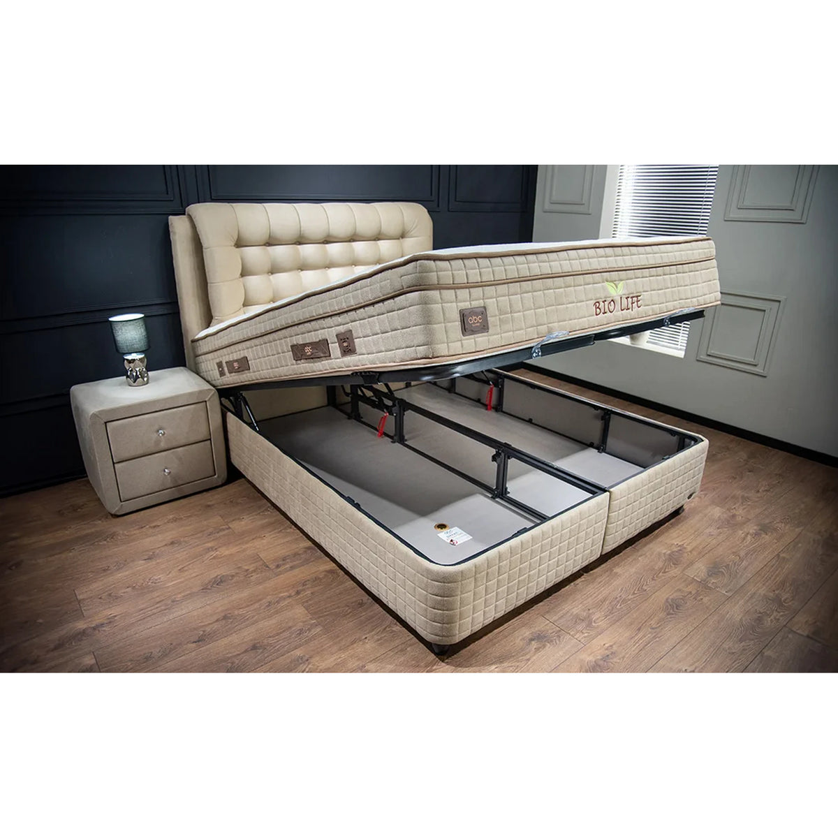 Pat cu spatar tapitat BIO LIFE 160x200, bej, stofa/PAL/metal, cu somiera, lada pentru depozitare si port USB