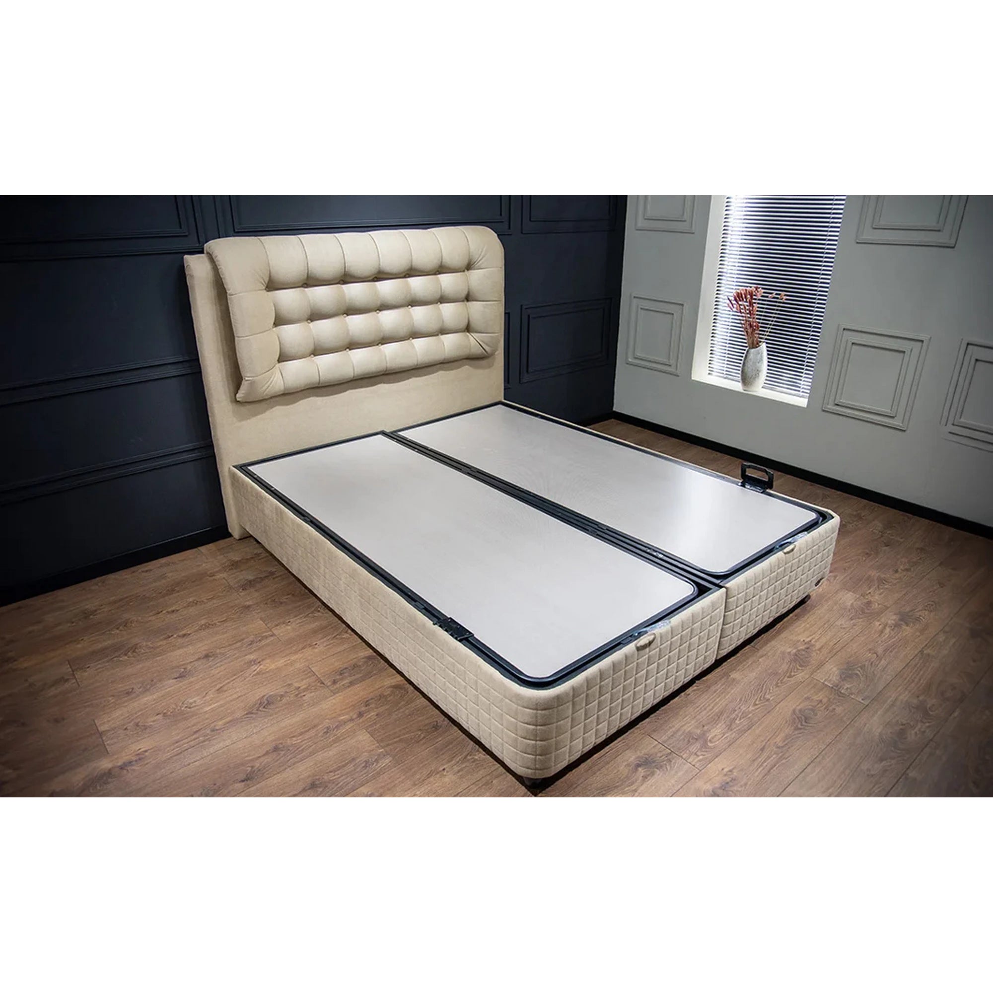 Pat cu spatar tapitat BIO LIFE 160x200, bej, stofa/PAL/metal, cu somiera, lada pentru depozitare si port USB