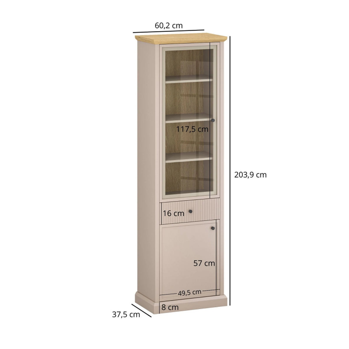 Vitrina IDELLO, taupe/stejar, PAL laminat, cu iluminare LED, 60x38x204 cm